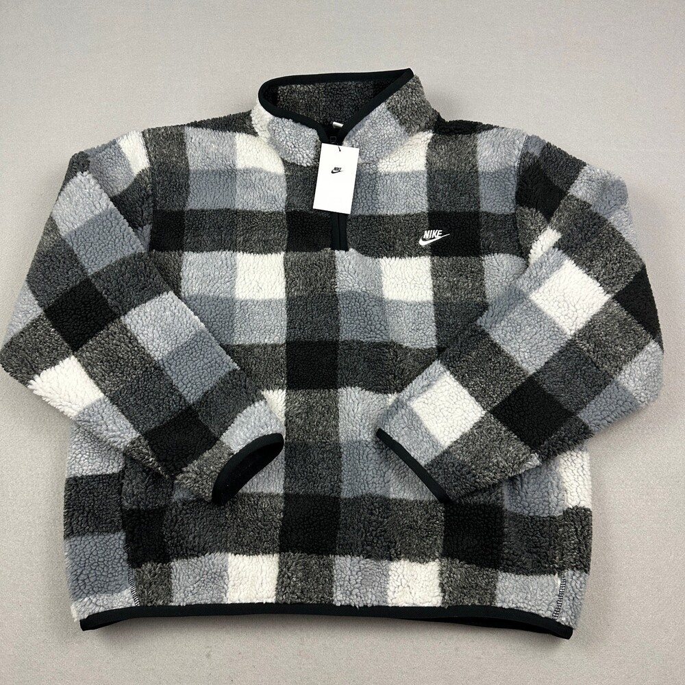 Nike Jacket Men Extra Large Black Plaid 1/4 Zip Sherpa Fleece Pullover Pocket XL